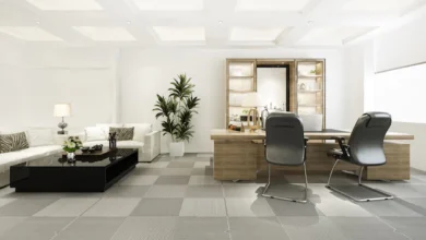 Bureau moderne de luxe avec une table de travail des chaises et un coin détente ou repos représenter par des canapés