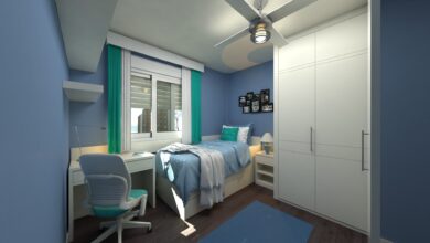 Belle chambre de couleur bleu avec un espace bureau et un grand rangement adapté pour un ado