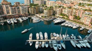 Vue panoramique de Monaco avec des immeubles résidentiels de luxe en premier plan, le port rempli de yachts luxueux en arrière-plan, illustrant l'élégance et l'exclusivité du marché immobilier de luxe à Monaco.